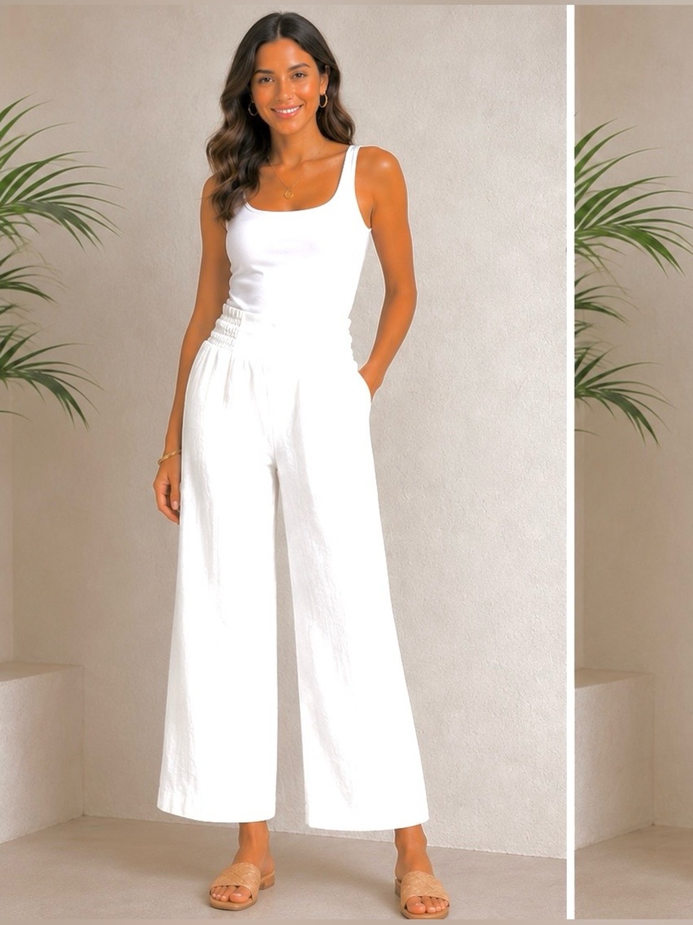 Sigrid Olsen White Wide-Leg Smocked-Waist Pants - Picture 5 of 12